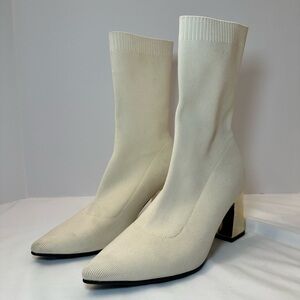 Cream Knit Sock Heeled Boots with Gold Block Heel